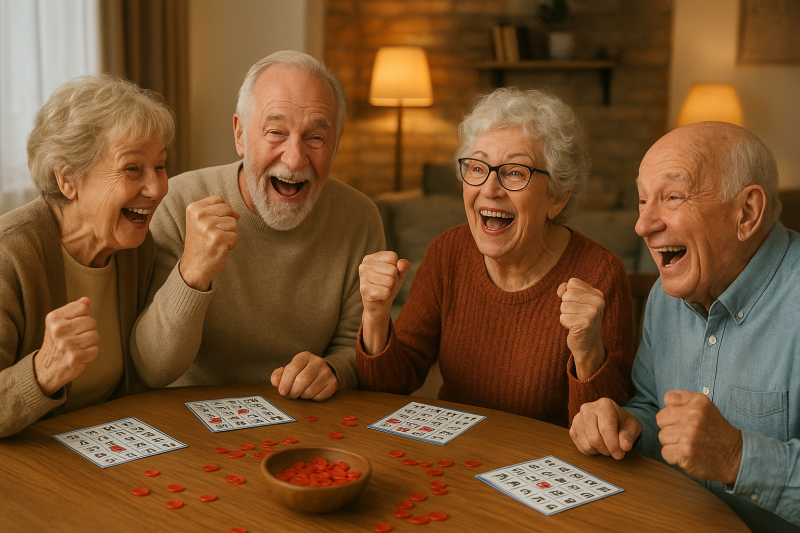 Elderly friends celebrating a bingo win around a table with cards and chips.