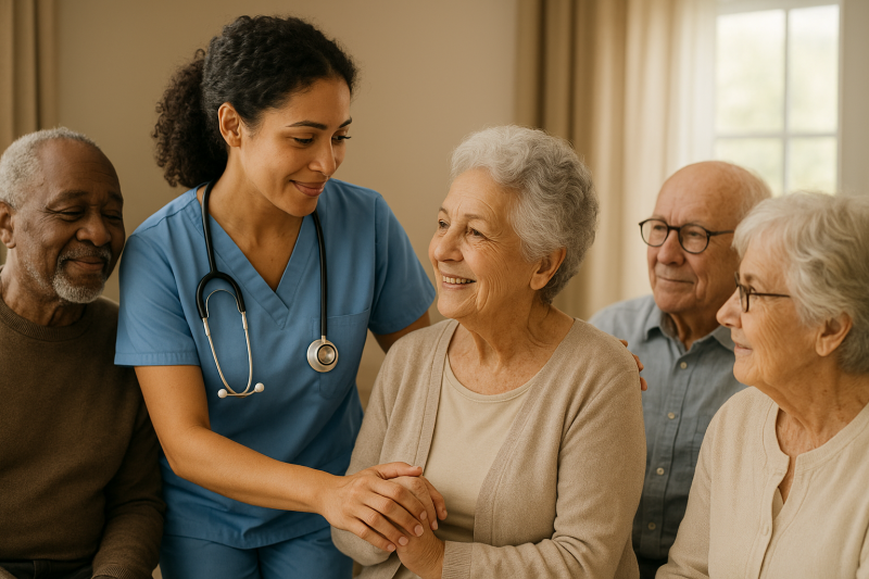 Nurse assisting elderly woman with supportive hand gesture, others observing.