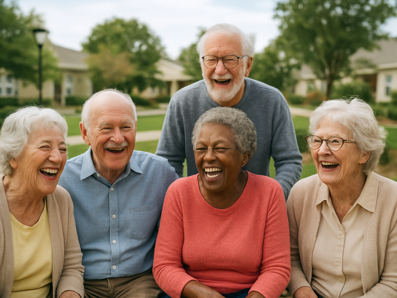Group of elderly friends laughing together outdoors.