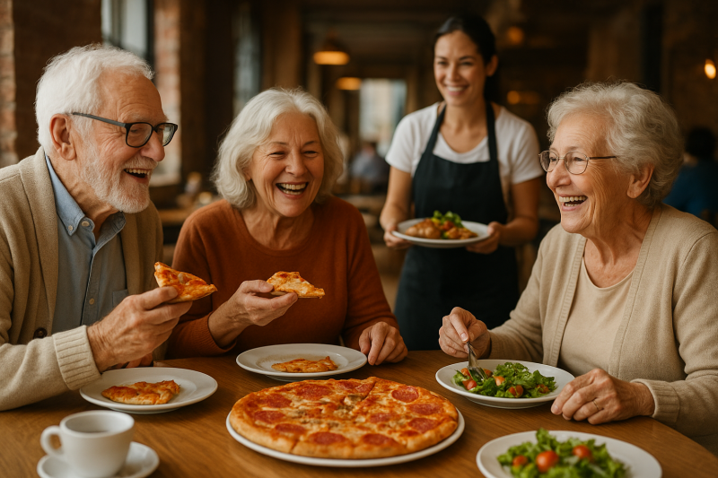 Elderly couple enjoying pizza with a server nearby.